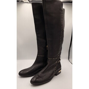 Vince Camuto Black Leather Tall Knee High Boots Zip Gold Studded Women 8.5M
